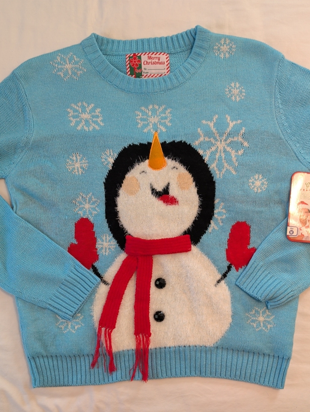 Christmas Sweater Women's Size M Light Blue Crewneck with Snowman Red Scarf New